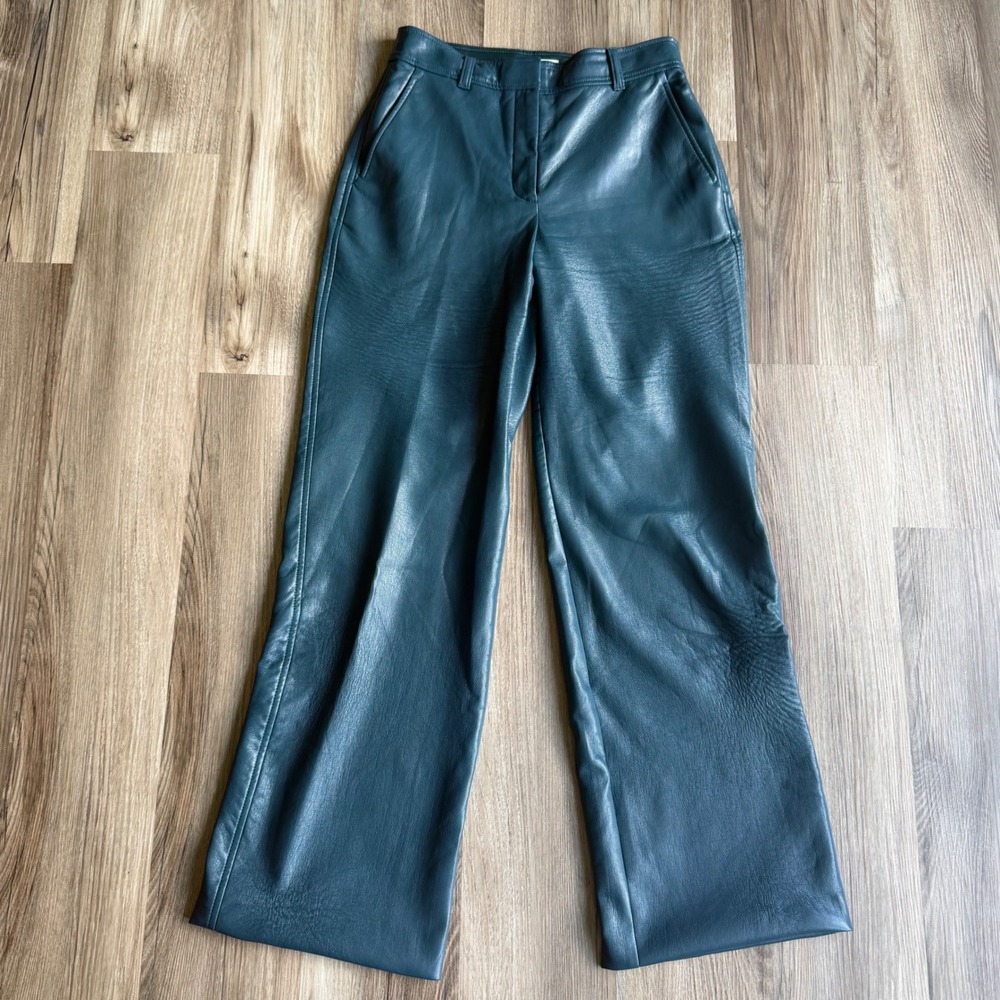 Babaton Vegan Leather Wide Leg Trousers Teal Green High Waist Pants Size 2